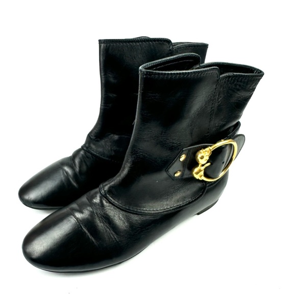 Alexander Mcqueen Skull Ring Ankle Boots 37.5 Black Leather Slip On Bootie Women - Picture 1 of 10
